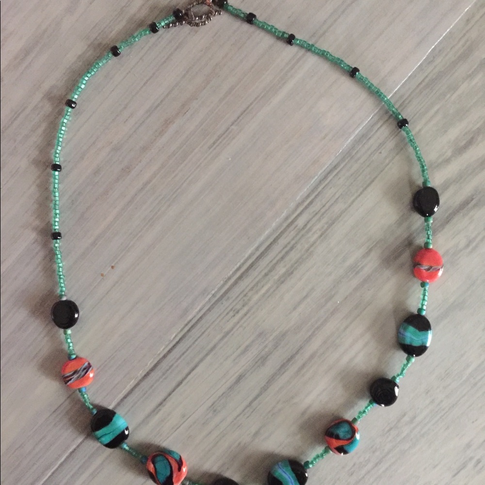 20” Green, Orange, Black Bead and Stone Necklace